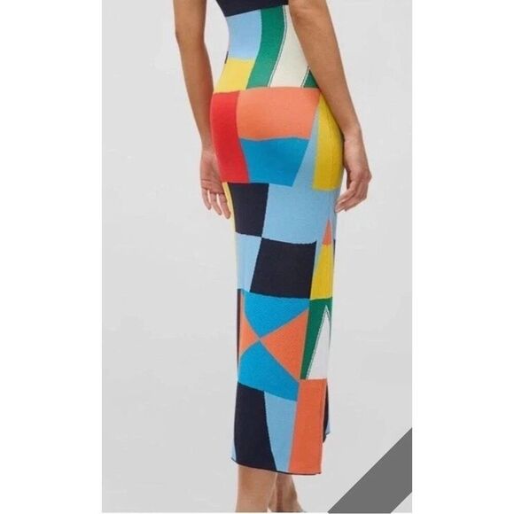 Staud Katie Dress Patch Print Knit Midi Blue Multi Square Neck Sleeveless Sz XS - Picture 4 of 8